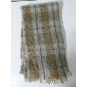 VTG Ireland Donegal Design Wool Mohair Rectangular Scarf Plaid Brown Grey 70"x9"
